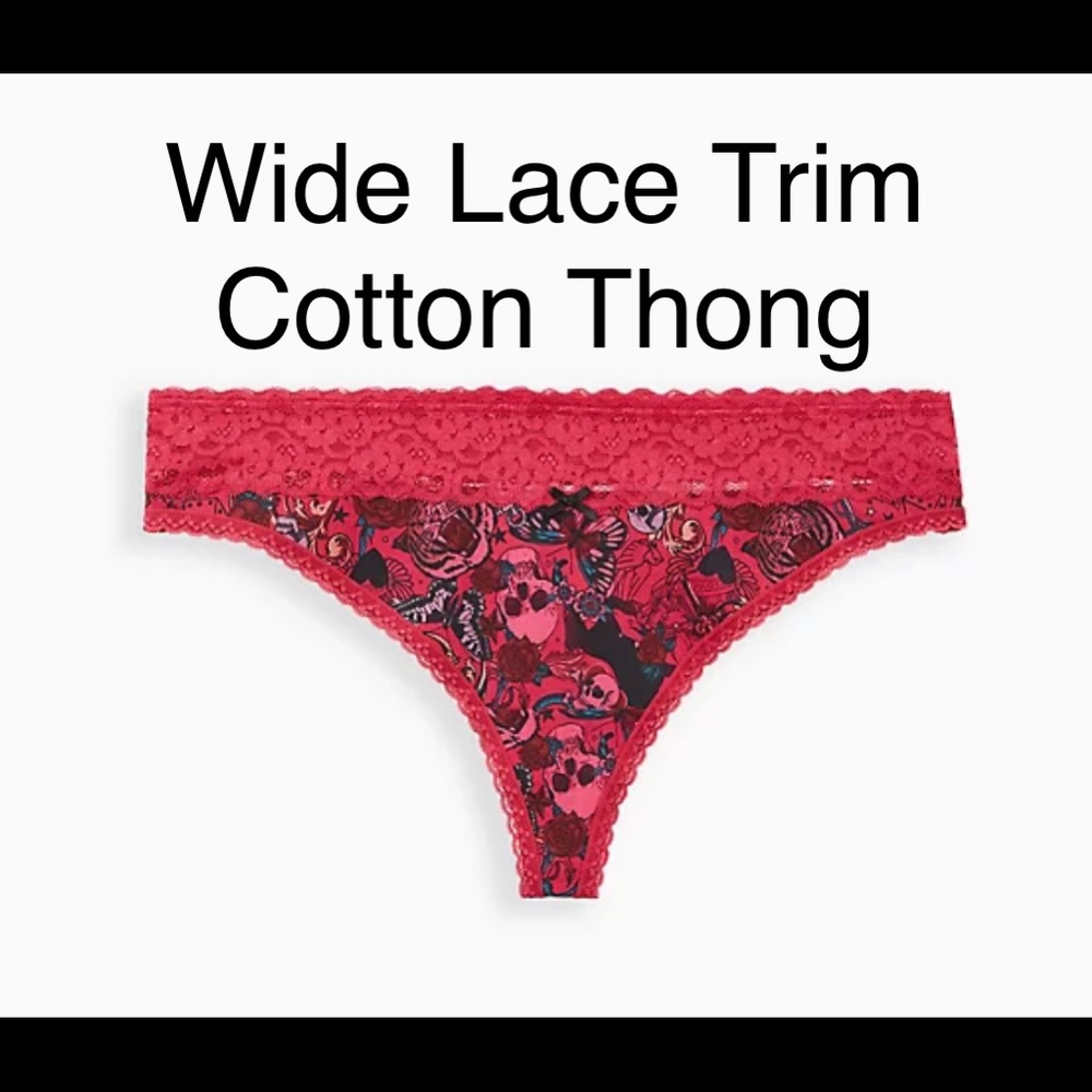 Torrid Wide Lace Trim Cotton Thong Panty Heart Skull Rose Butterfly Pink